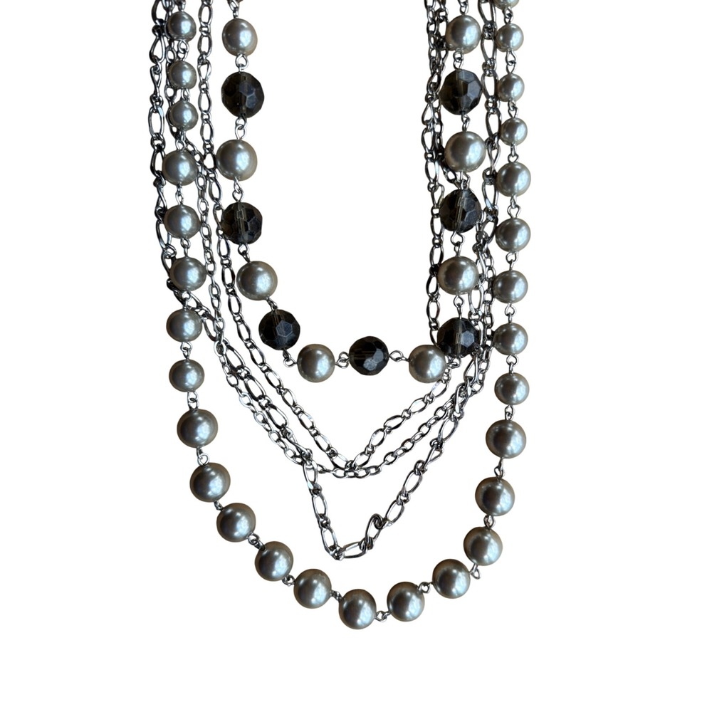 Lia Sophia Multi Strand Faux Pearl Smoky Grey Beaded Silver Tone Necklace